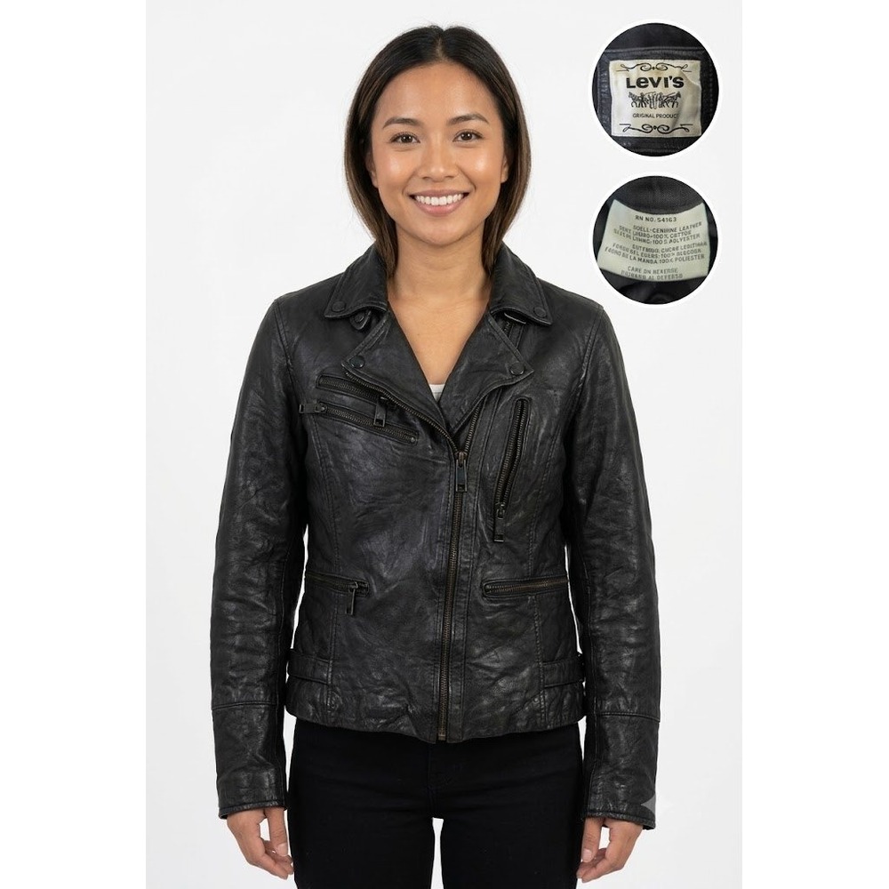 Levis Women XS Black Genuine Leather Moto Biker Jacket Asymmetrical Zip LW9R6316